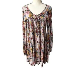 Anama Blush Floral Mini Dress Smocked Tie Neck Boho Peasant Flowy Cottagecore M